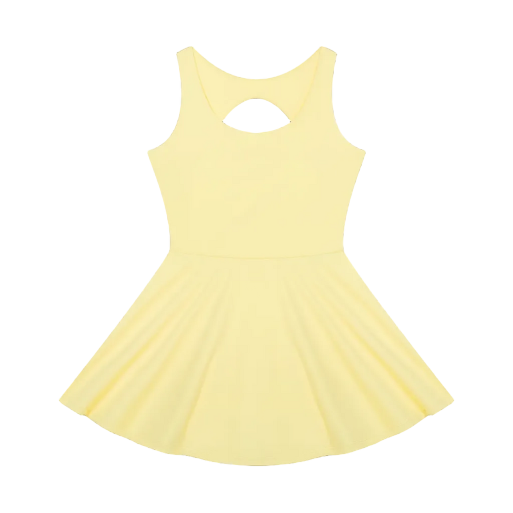Sleeveless pale yellow tennis dress with round keyhole back and flared skater skirt