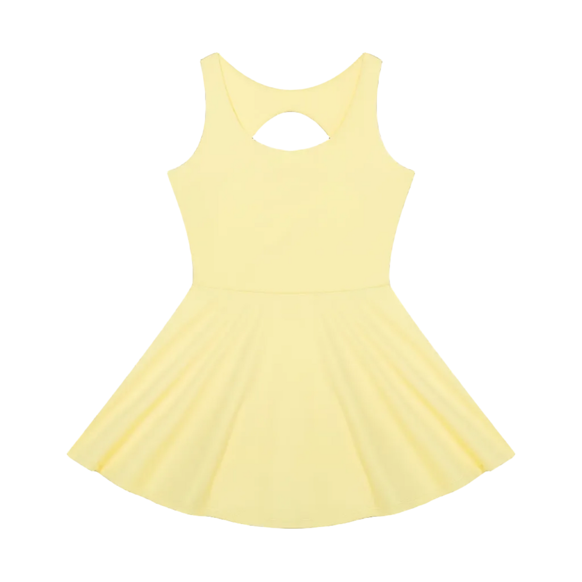Sleeveless pale yellow tennis dress with round keyhole back and flared skater skirt