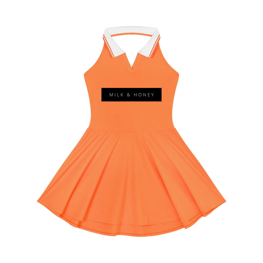 Sleeveless halter A-line tennis dress with white collar, MILK & HONEY black chest panel, flared skirt