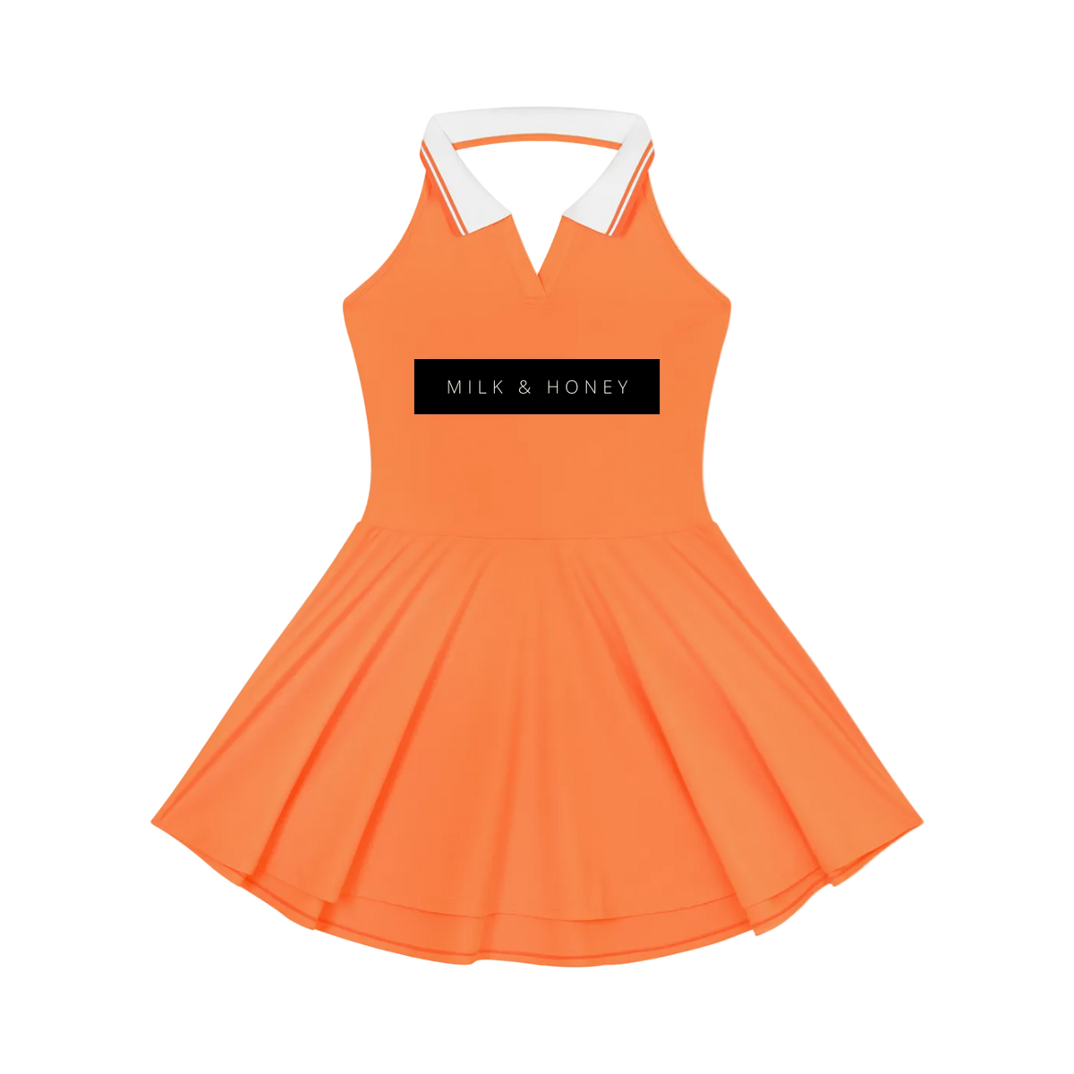 Sleeveless halter A-line tennis dress with white collar, MILK & HONEY black chest panel, flared skirt