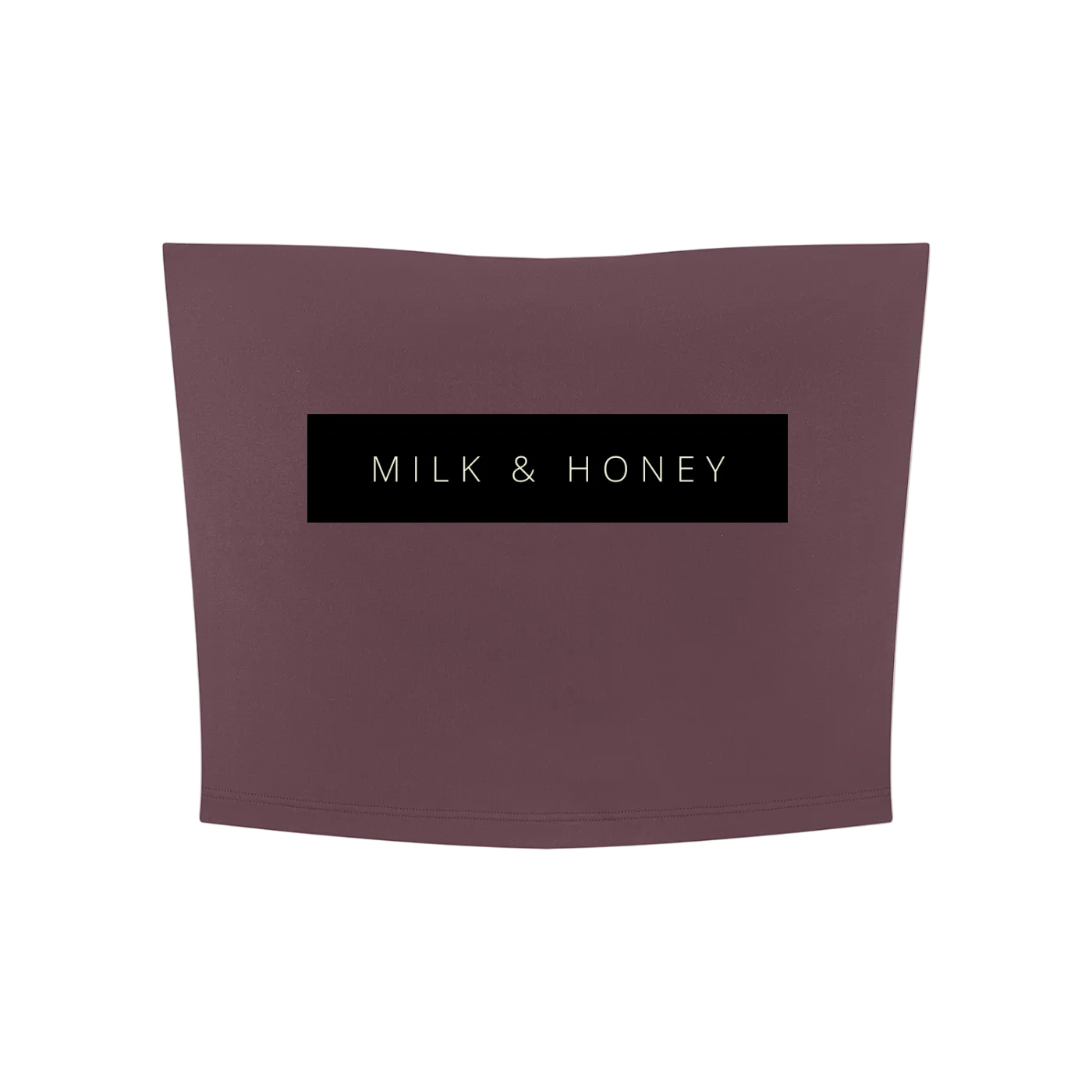Cropped strapless tube top in muted rose with centered black 'MILK & HONEY' label