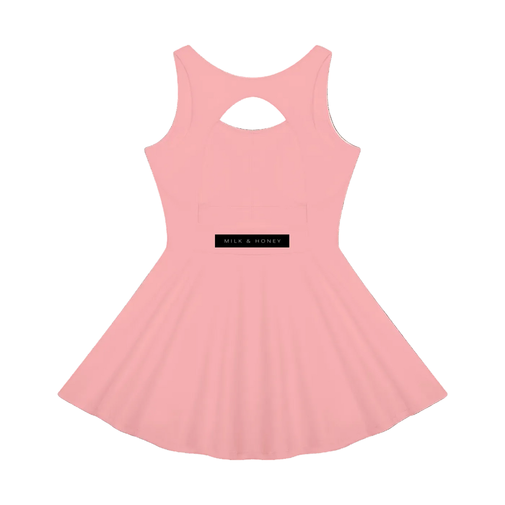 Sleeveless pink tennis dress with open-back keyhole, fitted waist and flared skirt, 'Milk & Honey' label at back