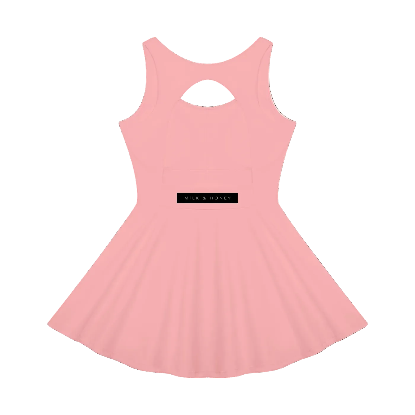 Sleeveless pink tennis dress with open-back keyhole, fitted waist and flared skirt, 'Milk & Honey' label at back