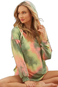 Model wearing green, pink, and yellow tie-dye hooded sweatshirt with beige twill drawstrings, long sleeves and ribbed cuffs