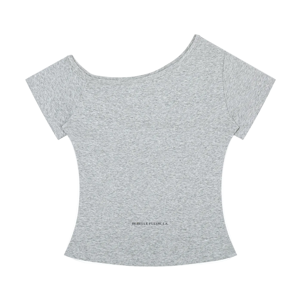 Heather gray off-the-shoulder short-sleeve t-shirt with scooped neckline and small centered REBELLE FLEUR, LA logo near hem