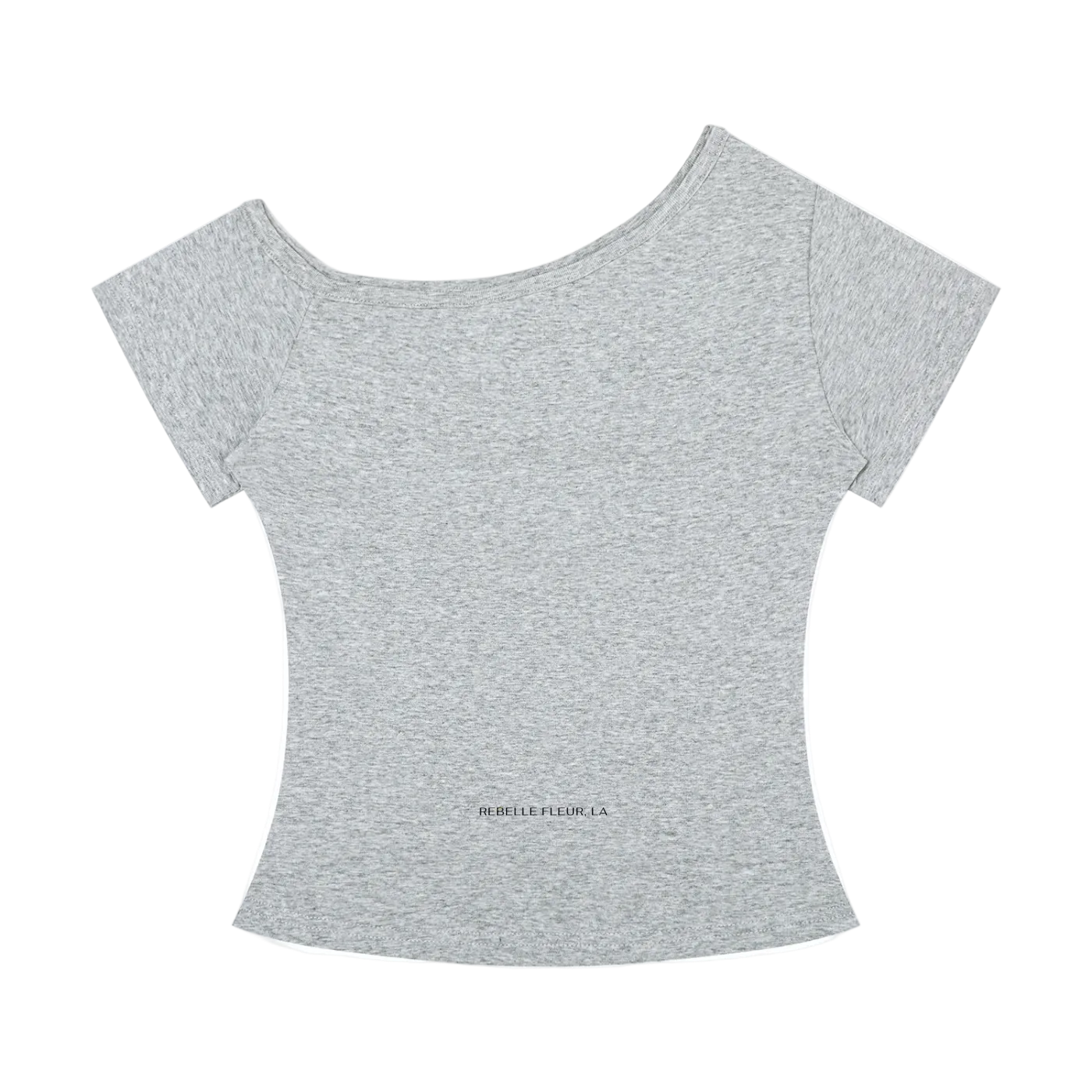 Heather gray off-the-shoulder short-sleeve t-shirt with scooped neckline and small centered REBELLE FLEUR, LA logo near hem