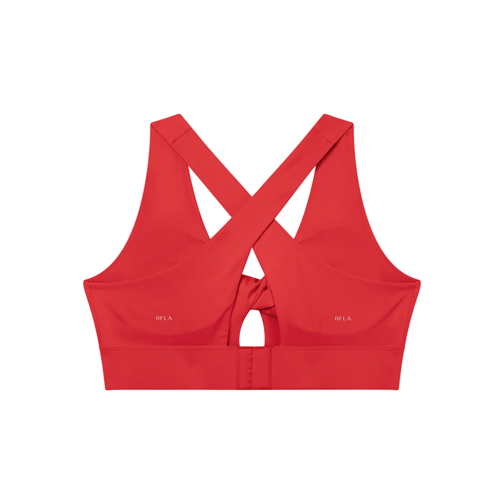 Red sports bra back with wide crossed straps, center cutout, hook-and-eye closure and small RFLA logos