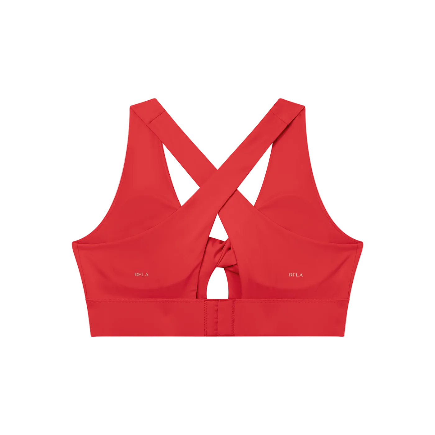 Red sports bra back with wide crossed straps, center cutout, hook-and-eye closure and small RFLA logos