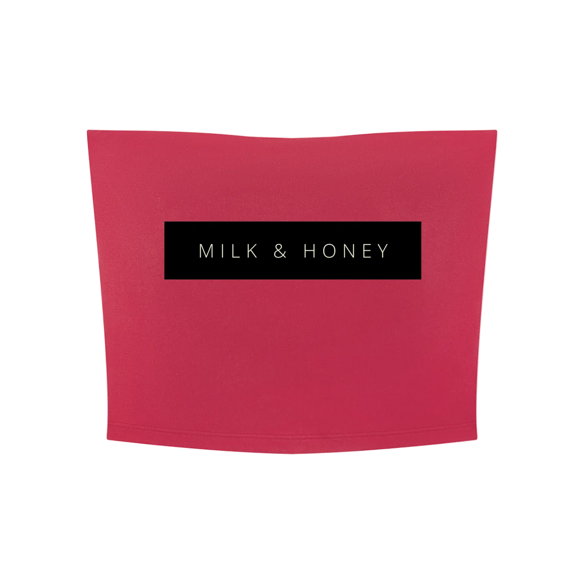 Rose red cropped tube top with centered black rectangle reading 'MILK & HONEY'