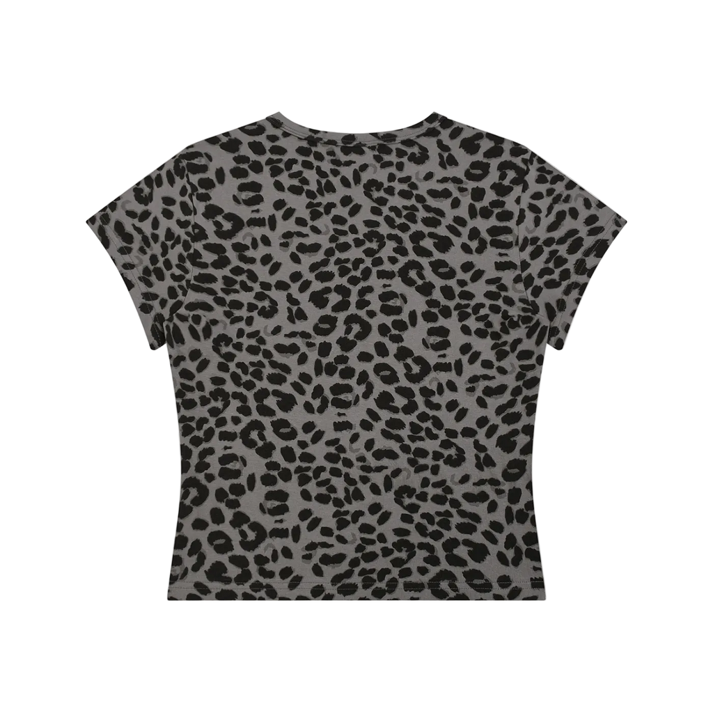 Back view of cropped short-sleeve T-shirt with all-over black leopard spots on gray fabric
