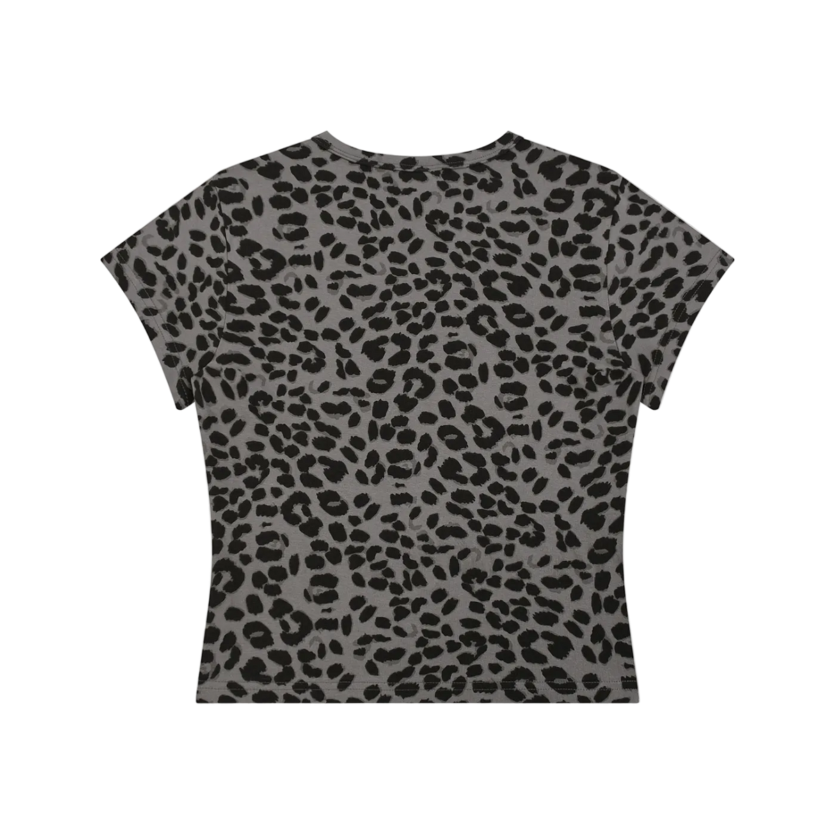 Back view of cropped short-sleeve T-shirt with all-over black leopard spots on gray fabric