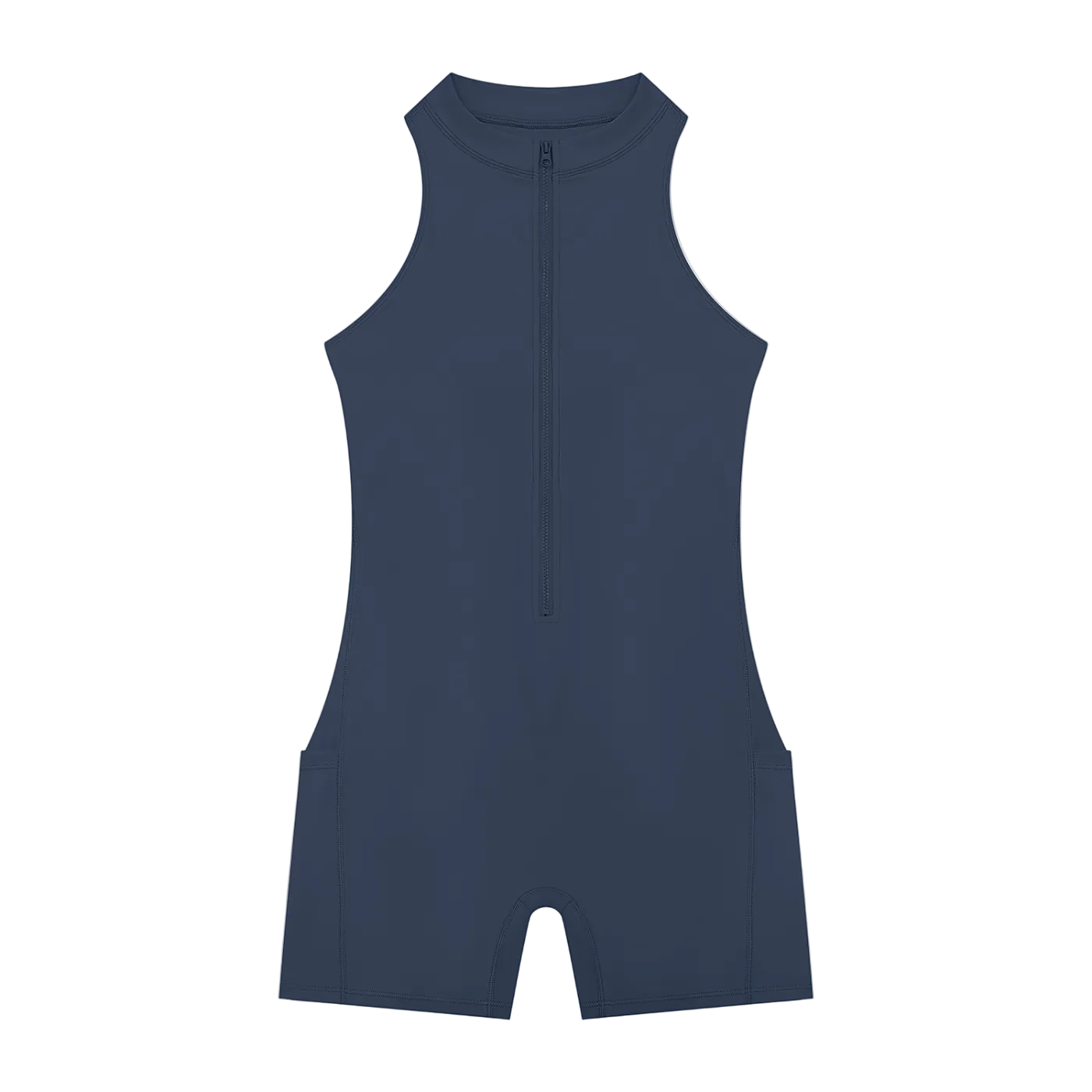 Sleeveless high-neck romper with center quarter-zip, short legs and subtle side seam pockets, flat-lay on black background