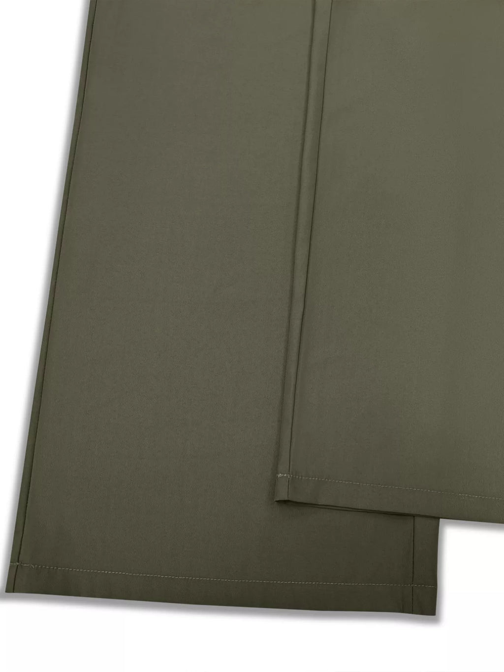 Wide-leg pant hems and center seam on olive-green fabric