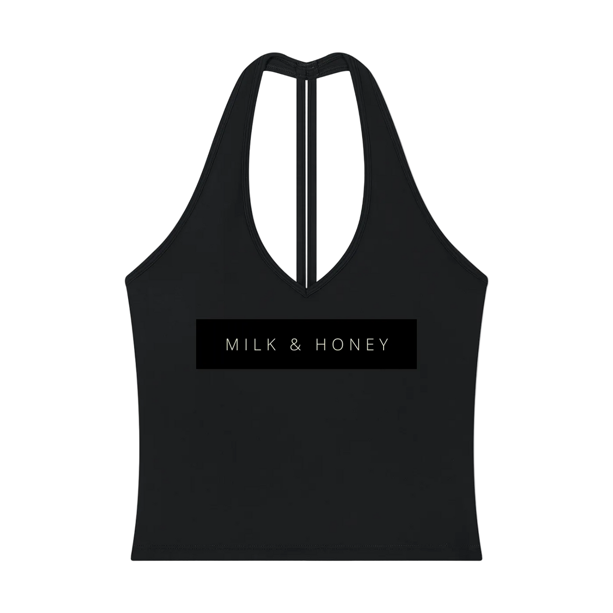Black halter V-neck crop tank with narrow center-back strap and rectangular 'MILK & HONEY' chest print.