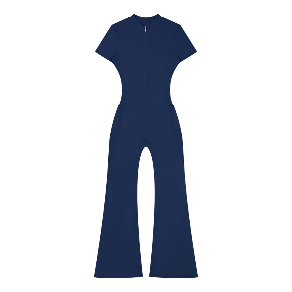 Short-sleeve blue jumpsuit with front quarter zipper, fitted waist and flared legs