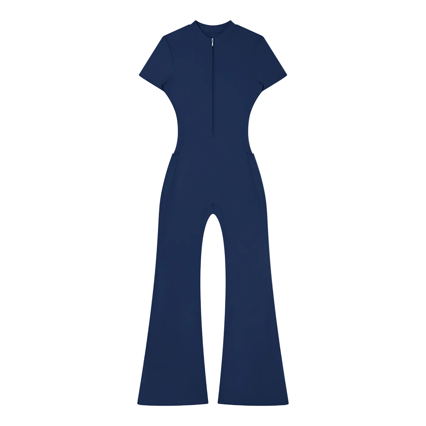Short-sleeve blue jumpsuit with front quarter zipper, fitted waist and flared legs