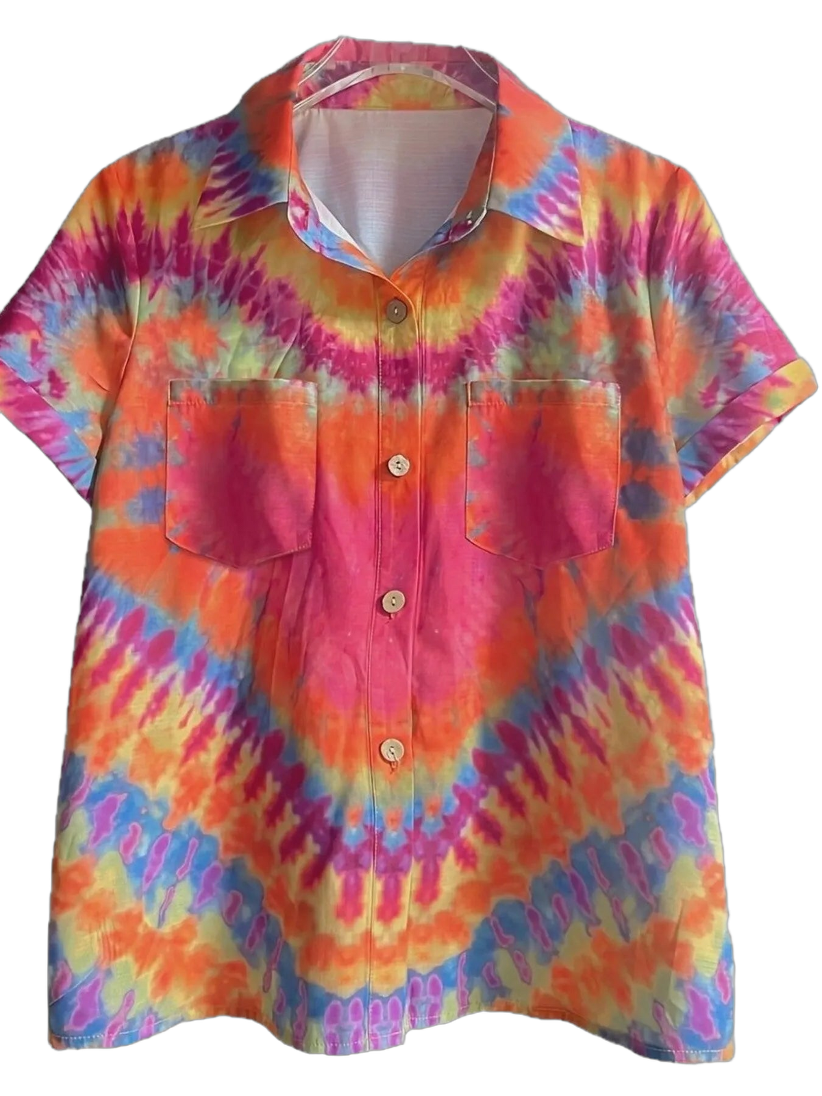 Collared short-sleeve tie-dye button-up shirt with two front patch pockets and beige buttons
