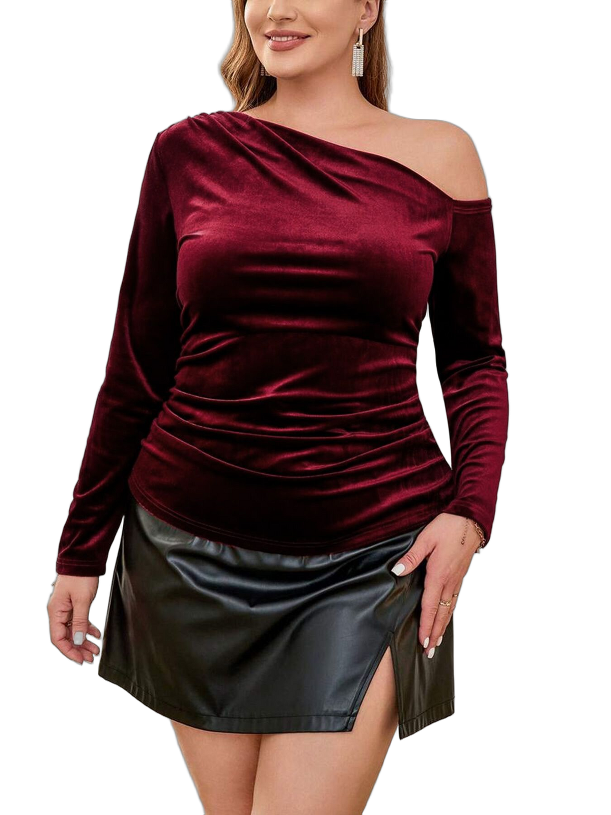 Burgundy velvet one-shoulder long-sleeve blouse with ruched front, paired with a black skirt featuring a front slit