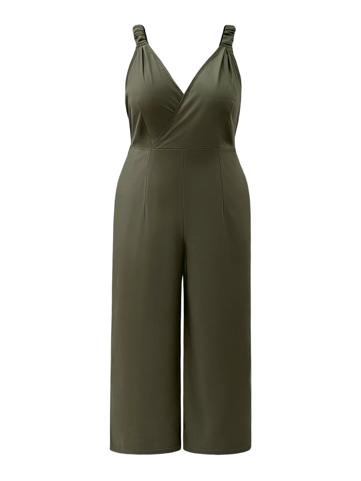 Olive jumpsuit with smocked shoulder straps, crossover V-neck, fitted waist seam and wide legs