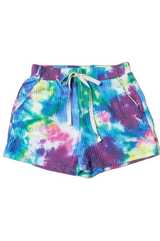 Multicolored tie-dye shorts with vertical rib texture, white drawstring and front pockets.