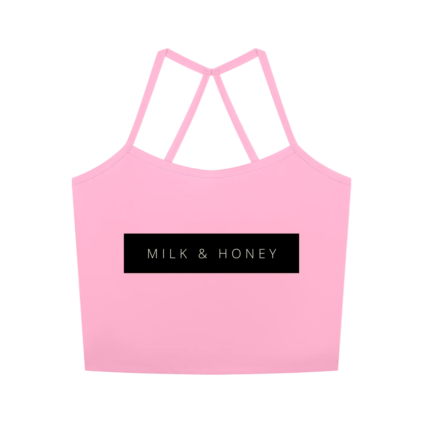 Pink cropped tank top with double crisscross back straps and centered black "MILK & HONEY" logo