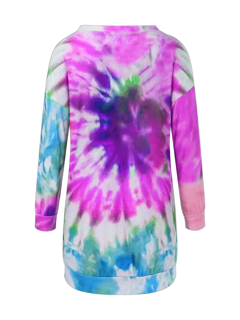 Back view of long-sleeve round-neck tie-dye dress with purple-pink center and blue-green lower swirl patterns