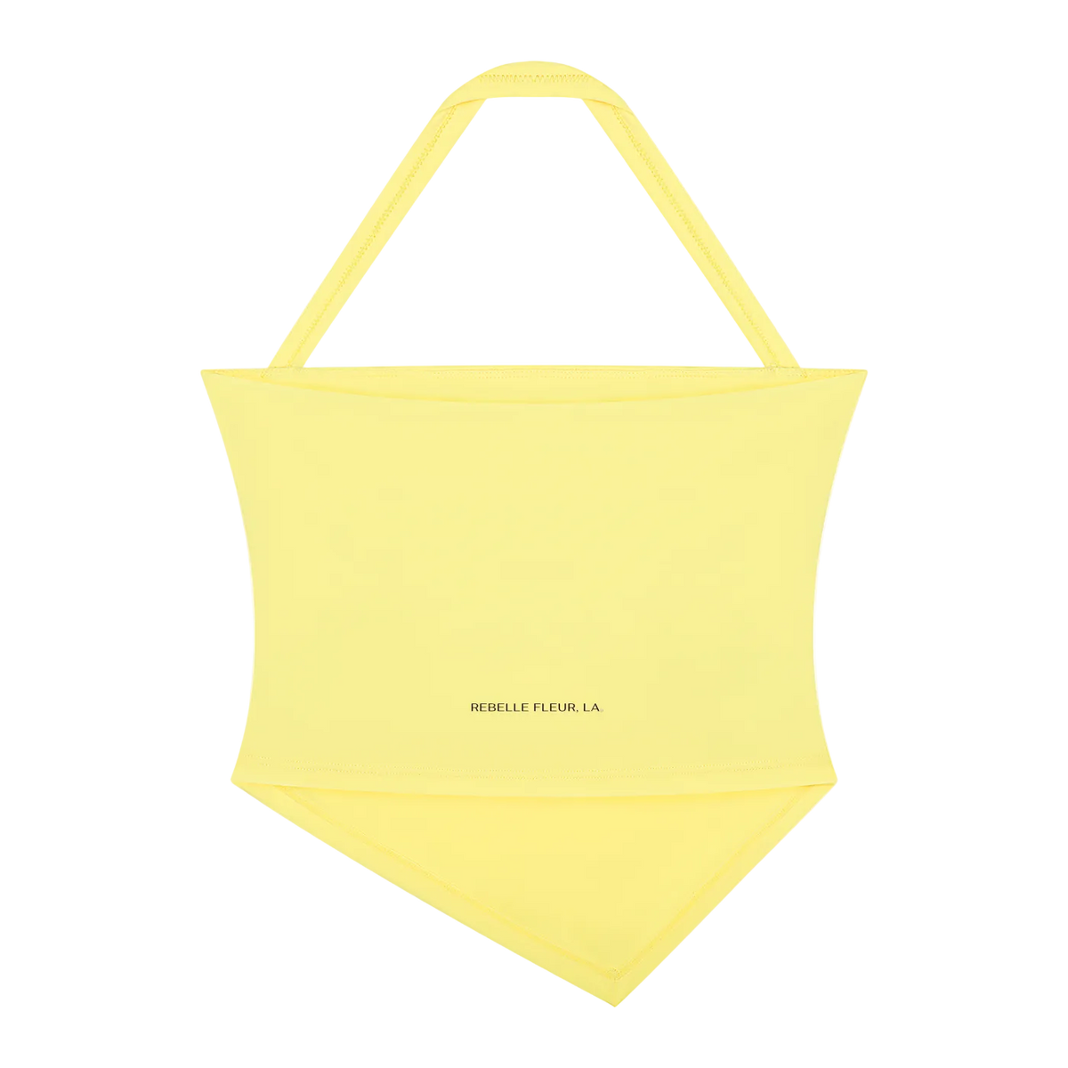 yellow halter-neck cropped tank with triangular bandana hem and small REBELLE FLEUR, LA. logo near the lower front