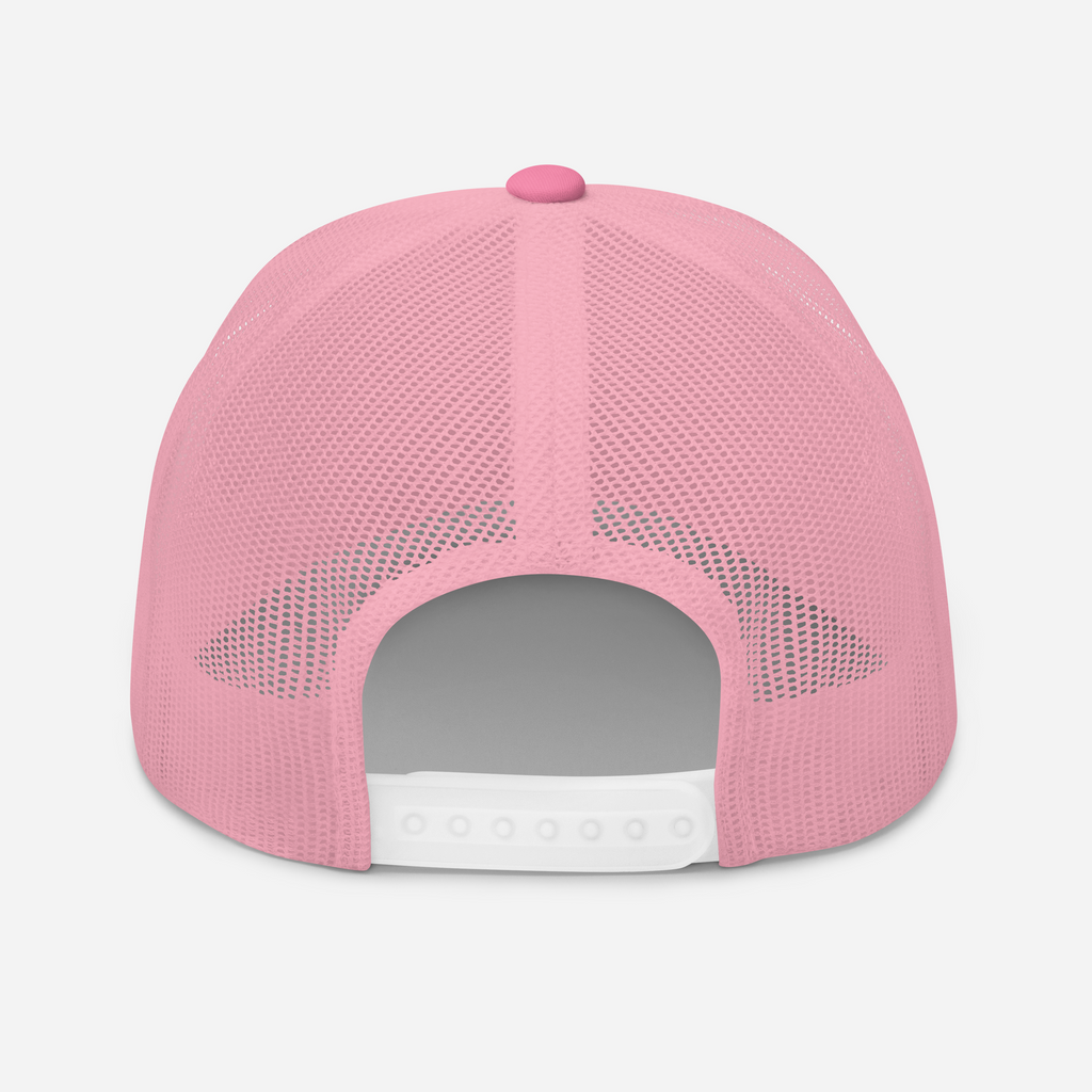 Pink mesh trucker cap back with center seam, fabric-covered top button, open rear and white plastic snap closure