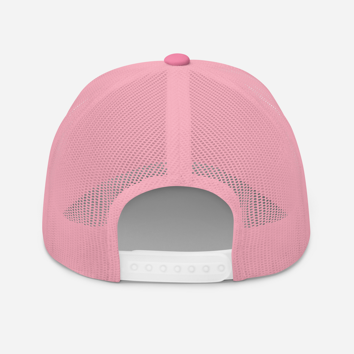 Pink mesh trucker cap back with center seam, fabric-covered top button, open rear and white plastic snap closure