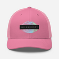 Pink trucker cap with mesh back, embroidered vent holes, iridescent lip patch and black MILK&HONEY label on front panel