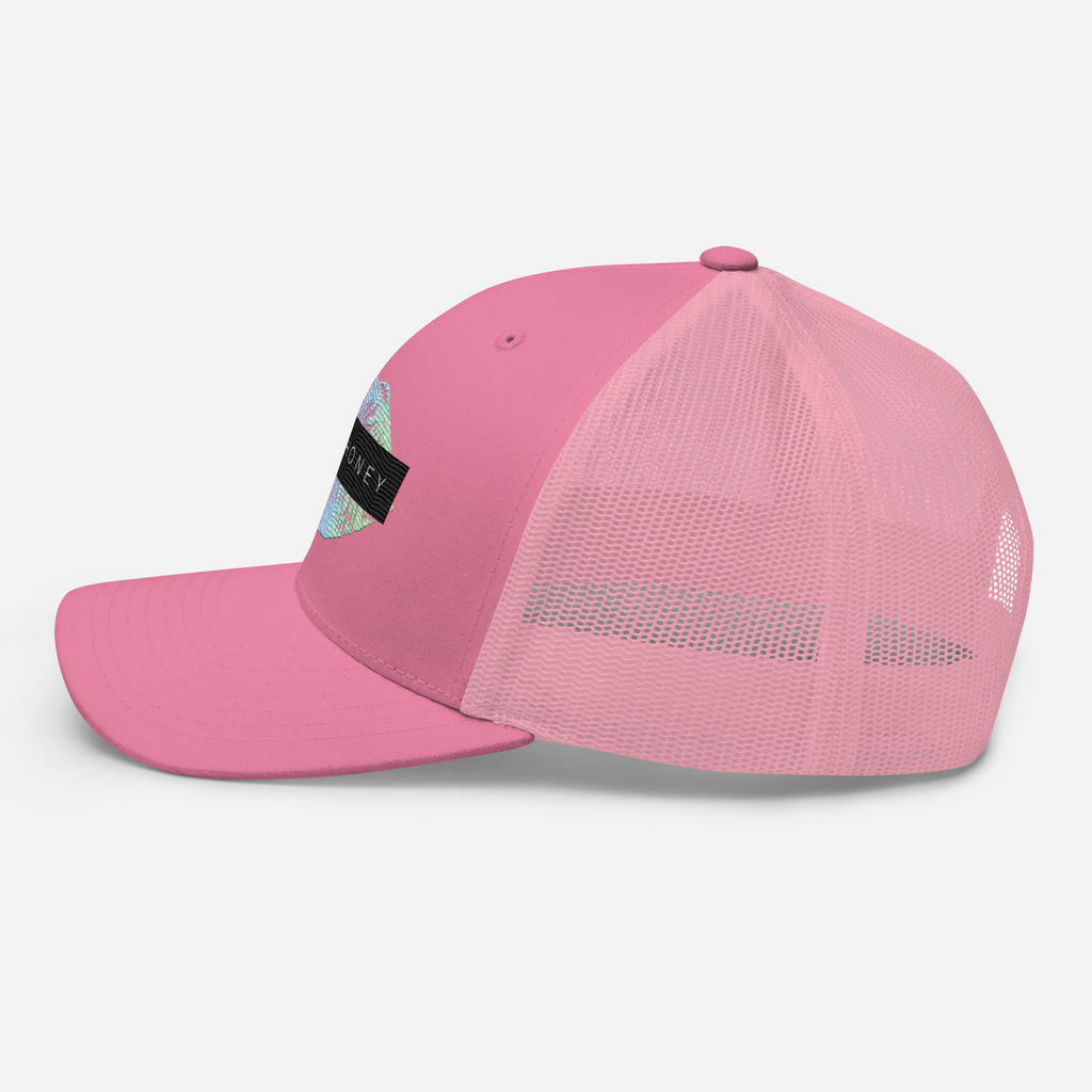 Pink trucker cap with fabric front panels, mesh back, matching top button and curved visor, partial front patch visible