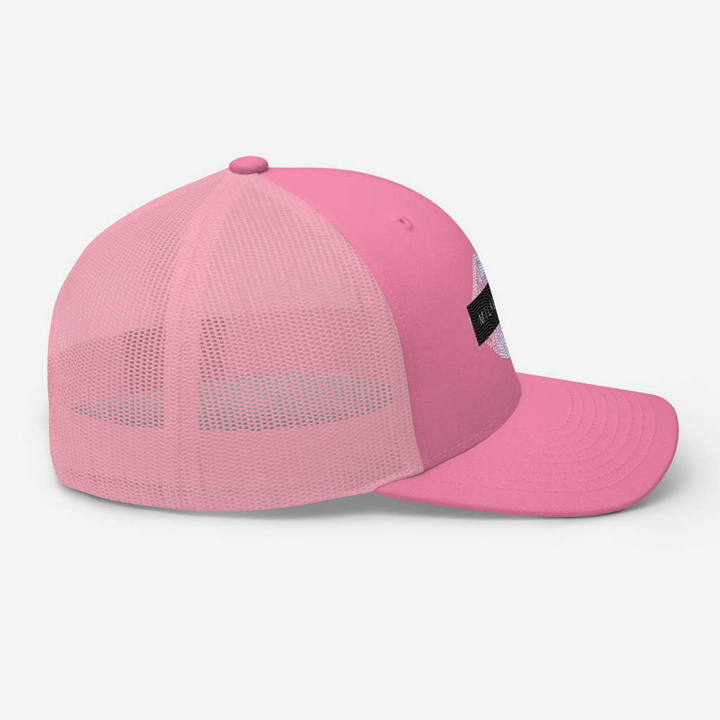 Pink trucker cap with mesh back, solid front panel, top button, curved visor and side woven label