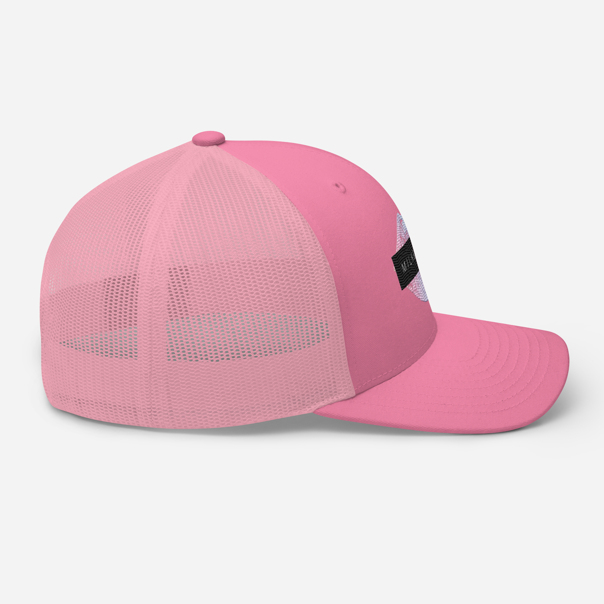 Pink trucker cap with mesh back, solid front panel, top button, curved visor and side woven label