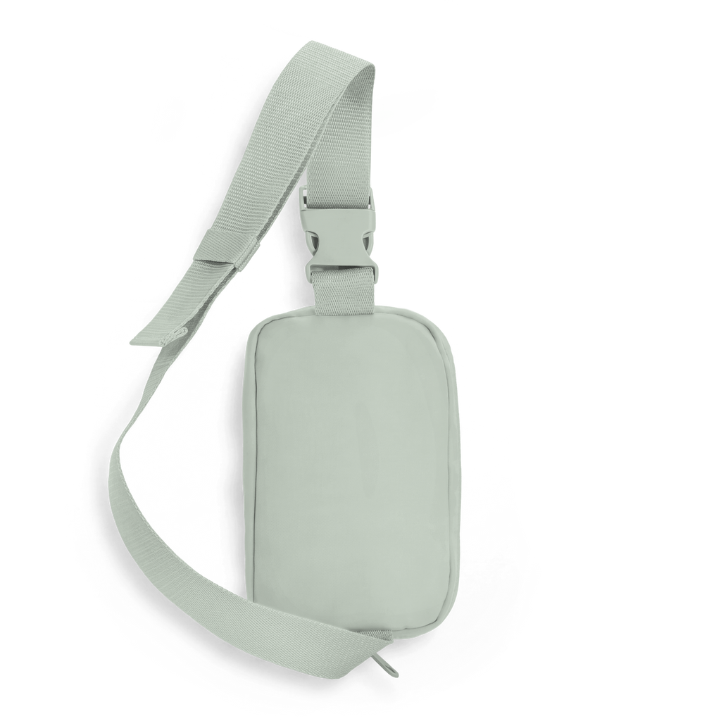 Ivory nylon webbing strap with plastic side-release buckle above a rounded rectangular sling pouch