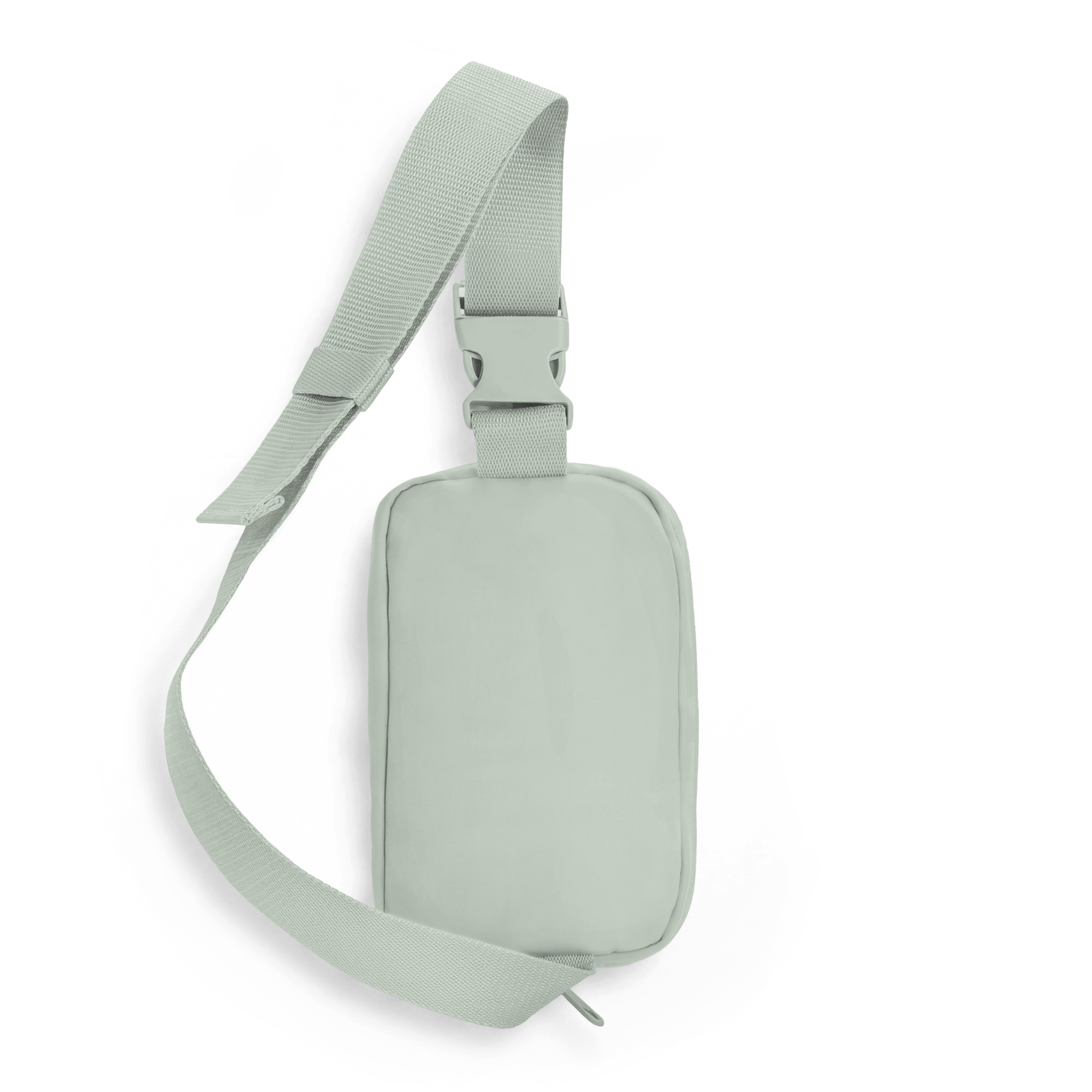 Ivory nylon webbing strap with plastic side-release buckle above a rounded rectangular sling pouch