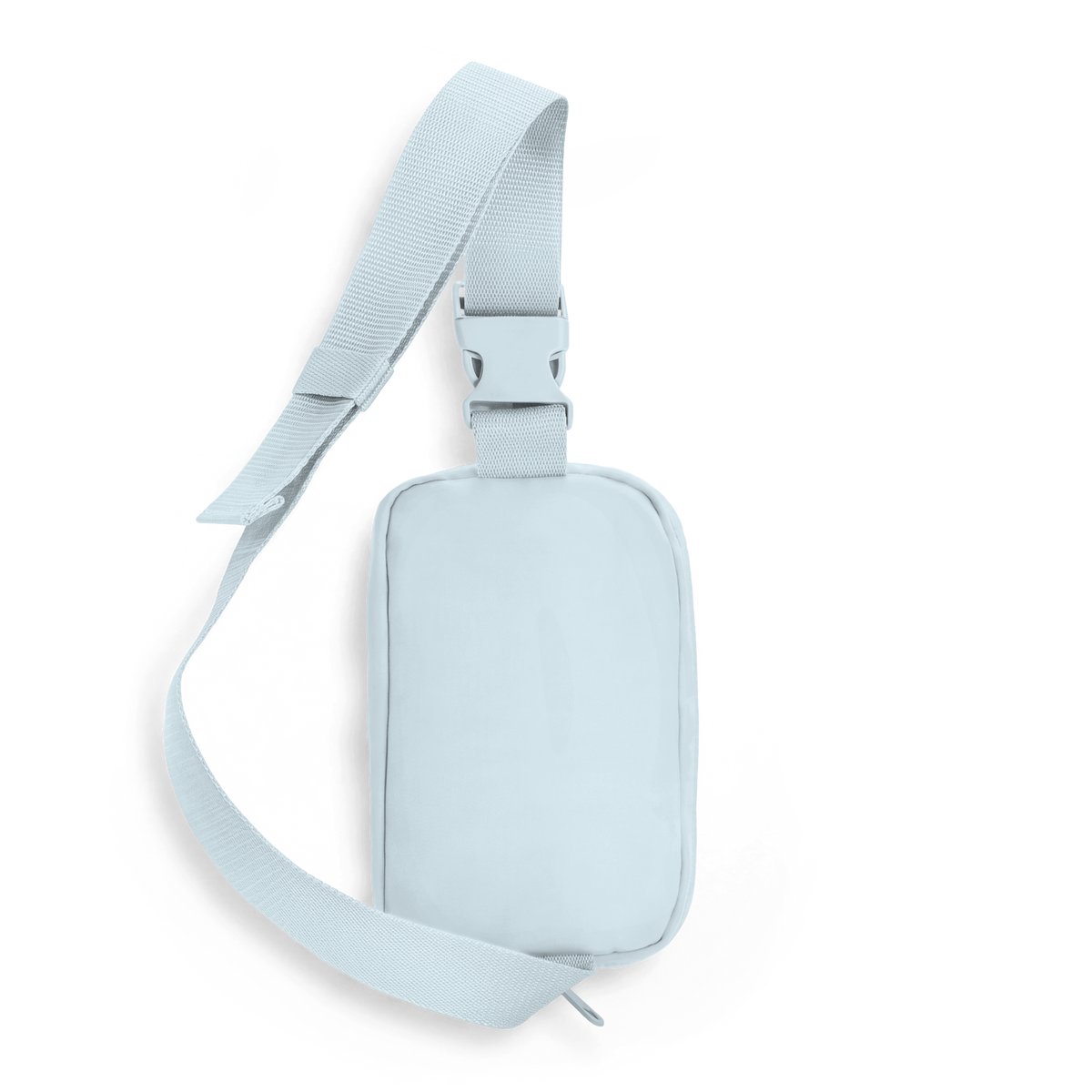 Adjustable woven strap with plastic side-release buckle attached to rounded sling bag top and visible zipper pull.