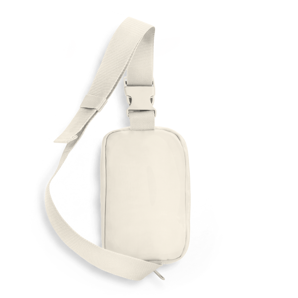 Woven adjustable strap with plastic side-release buckle attached to the top of a small rectangular sling pouch