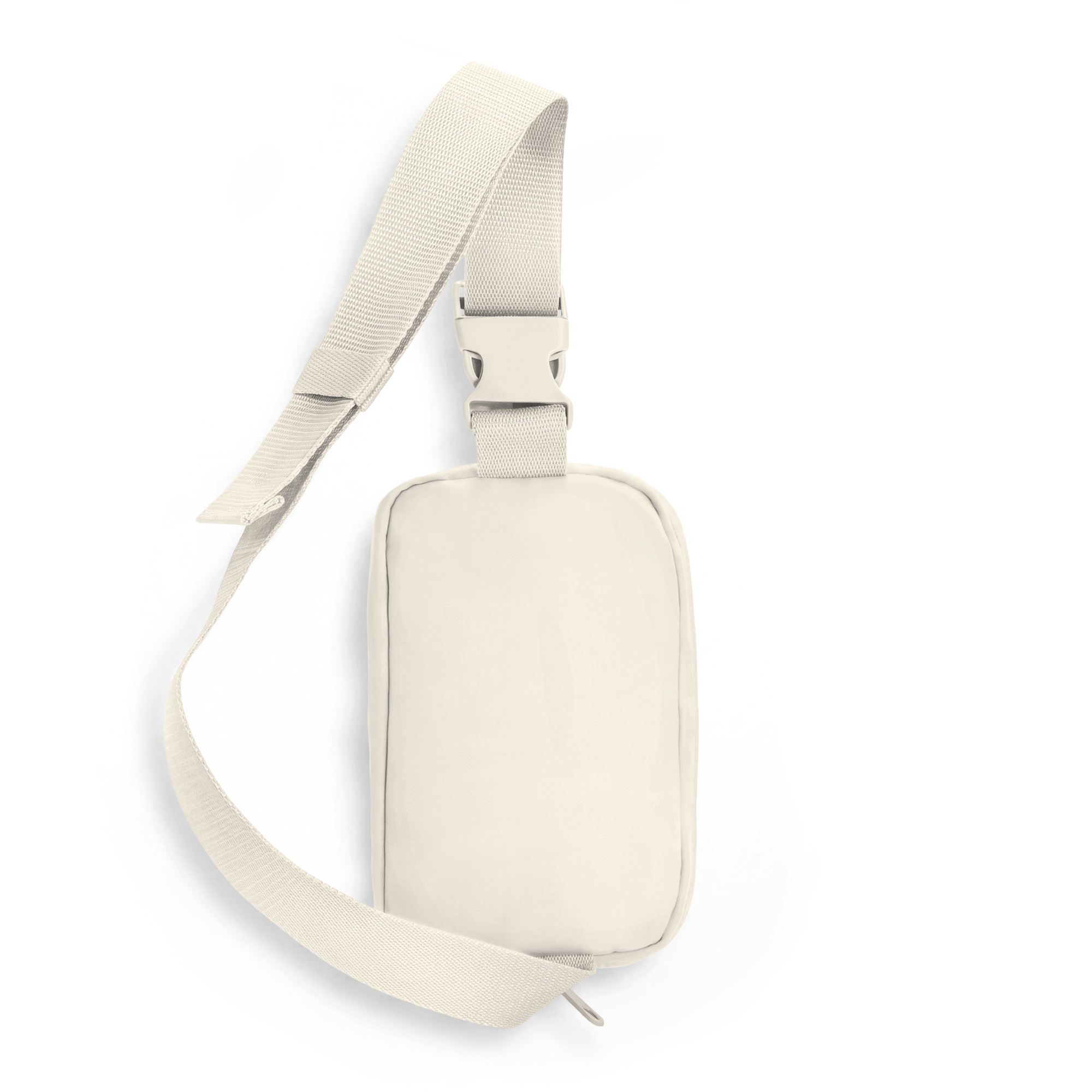 Woven adjustable strap with plastic side-release buckle attached to the top of a small rectangular sling pouch