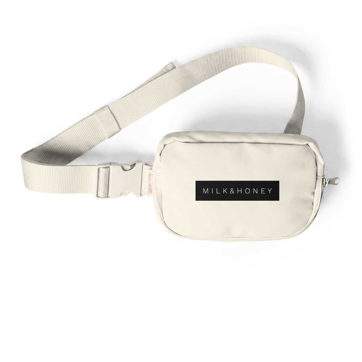 Woven adjustable strap with side-release buckle and small sling pouch showing 'MILK&HONEY' front label.