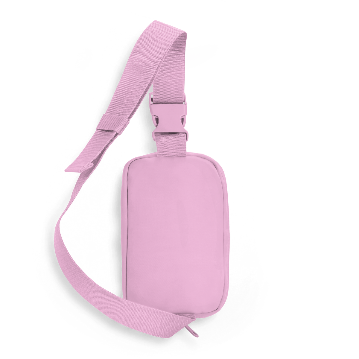 Woven adjustable pink strap with plastic side-release buckle and top of a slim rectangular sling bag