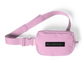 Pink sling strap with woven texture, plastic side-release buckle and top corner of pouch showing MILK&HONEY logo and zipper…