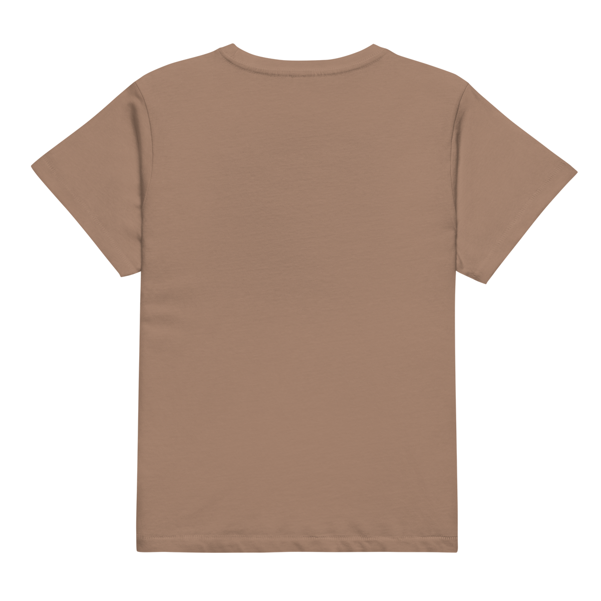 Back view of a plain brown crew-neck t-shirt with short sleeves and visible hem stitching
