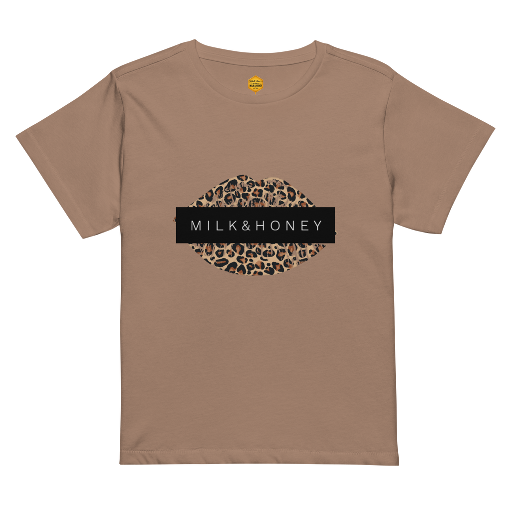 Crew-neck short-sleeve tee with leopard-print lip graphic and a black bar reading "MILK&HONEY"