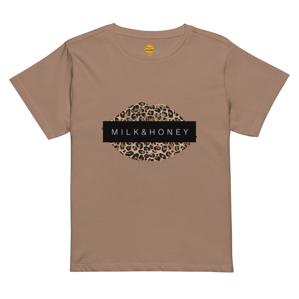 Crew-neck short-sleeve tee with leopard-print lip graphic and a black bar reading "MILK&HONEY"